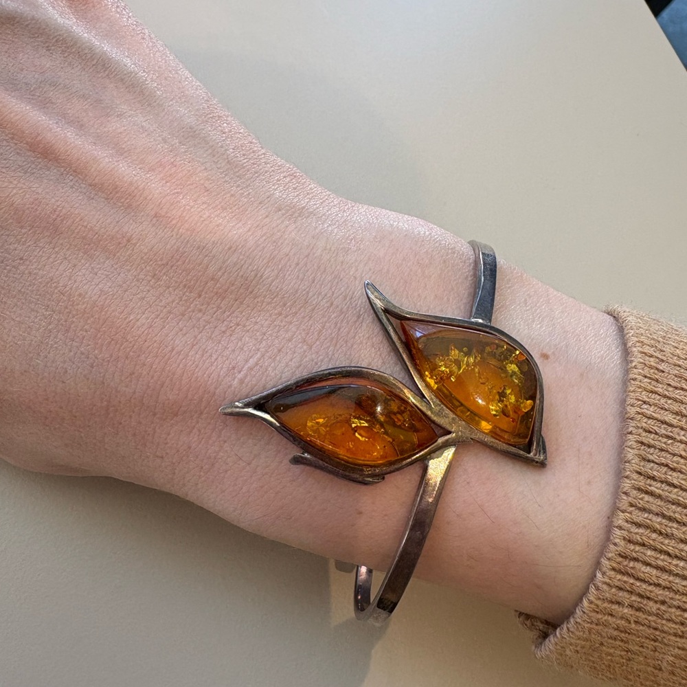 Silver Amber Leaf Cuff Bracelet